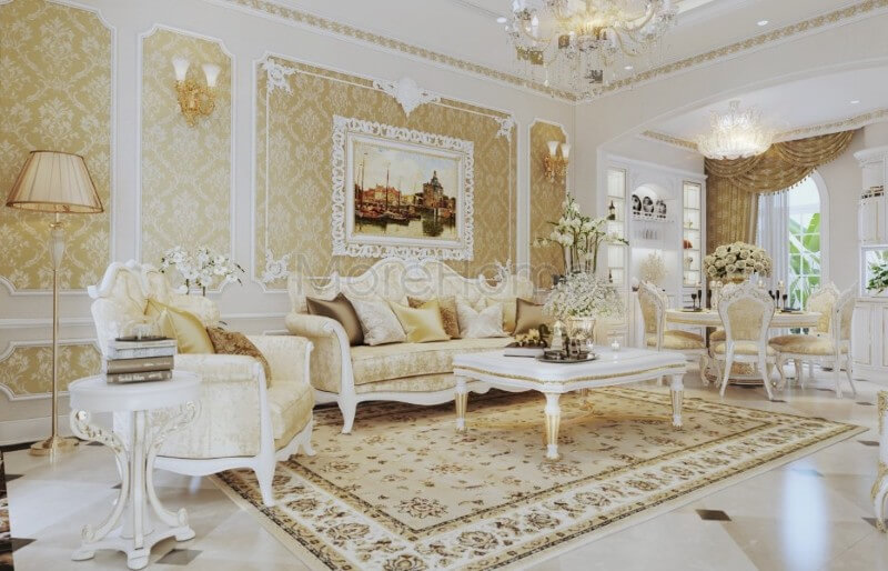 Thiết kế nội thất phòng khách chung cư tân cổ điển được kiến trúc sư đầu tư tỉ mỉ về cả đường nét và màu sắc, thể hiện được đúng cái Thiết kế biệt thự