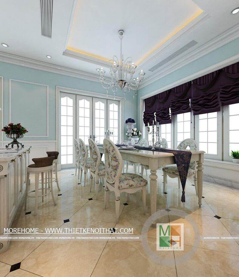 Khu vực phòng ăn được thiết kế sang trọng với tone màu trắng từ nội thất kết hợp với màu xanh-tím của tường và rèm tạo không gian phòng hài hòa hơn Thiết kế biệt thự