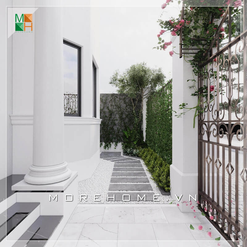 Ý tưởng thiết kế lối đi hông nhà biệt thự, nhà phố với nhiều hoa và cây xanh gây cảm giác thân thiện và gần gũi với thiên nhiên. thiết kế biệt thự