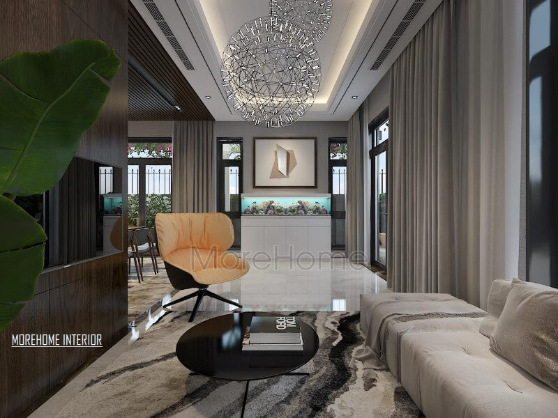 Thảm lông mềm nghệ thuật tạo sự phân chia độc đáo cho phòng khách hiện đại sang trọng. Thiết kế biệt thự